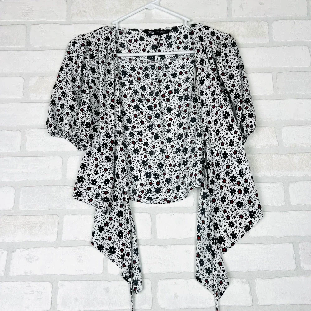 Zara Womens Floral Wrap Top White Black Red Ditsy Puff Sleeve Blouse Medium